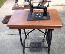 Antique Elias Howe Treadle Sewing Machine Cast Iron Base Table Wood Cabinet picture