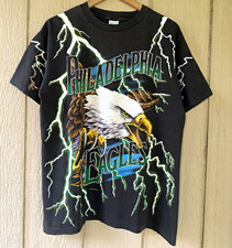 90s Rare Salem Philadelphia Eagles Lightning AOP Graphic T-Shirt Black Size L picture