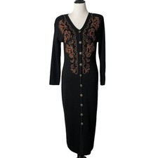 Vintage 90s Whimsigoth Midi Maxi Sweater Dress Womens MP Floral Embroidered picture