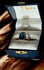 14k White Gold London Blue Topaz Emerald Cut Halo Ring w/ Diamond Accents Size 7 picture