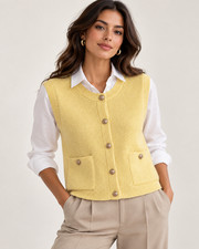 NWT Zara Yellow Knit Vest Gold Buttons Pockets Sleeveless Top Size M picture