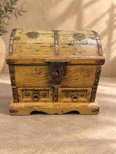 Indian Wooden Treasure Chest Yellow Distressed Storage Box 2 Drawers Brass picture