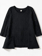 Yushi Crinkle Ripple Women’s Top Size XL Black Boxy Lagenlook Buttons Artsy picture