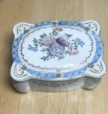 VTG Occupied Japan Hand Painted Porcelain Trinket Jewelry Box Floral Blue Gold picture