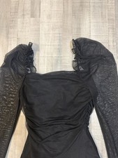 Mi Ami Francesca’s Top Womens S Black Mesh Ruched Square Neck Long Sleeve NWT picture