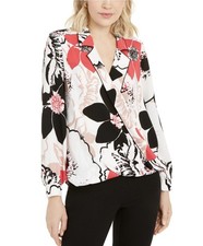 Alfani Blouse Top Women's Plus Sz 0X Black Red Floral Draped Crossover Surplice picture