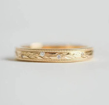 14k Gold Hand Engraved Floral Moissanite Wedding Band, Vintage Milgrain Ring picture