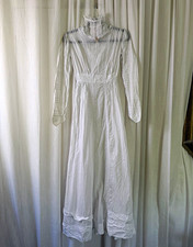 Antique Edwardian Cotton Lawn Tea Dress Pintucks Net Lace High Collar XXS 1900s picture