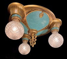Antique Vtg Art Deco 3 Light Flush Mount Ceiling Fixture Polychrome (PAIR Avail) picture