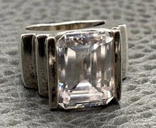 Estate Sterling Silver Emerald Cut CZ Statement Ring Wide Band Chunky Size 6.5 picture