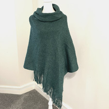 Chicos Fringe Poncho One Size OS Sweater Pullover Dark Green Knit picture