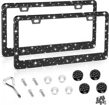 Chic Crystal Bling License Plate Frame Set - Elegant Black Stainless Steel picture