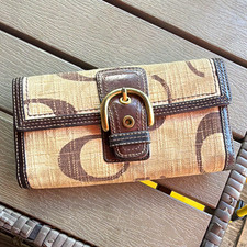 Coach Women’s Signature Logo Checkbook Wallet Fold-Over Buckle Beige Brown picture