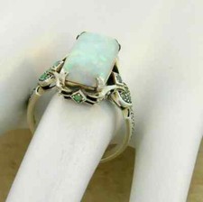 3Ct Emerald Cut Opal Antique Victorian Engagement Ring 14K White Gold Finish picture
