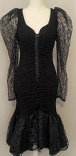 Steppin Out Dress Sz 9 Black VTG 80s Lace Puff Sleeve Ruched Mermaid Gown Goth picture