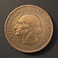 1921 Westphalia 10 Mark Notgeld Coin Medal Minister vom Stein German Weimar picture
