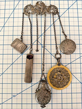 Antique Victorian Art Nouveau Chatelaine Brooch 5 Tools Match Safe .800 Silver picture