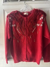ZELL-UCCI VINTAGE Red Fur Trim Cardigan Elegant Sweater Women's Buttons Size M picture