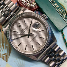 Rolex Datejust 16220 Silver Tapestry Steel Jubilee Wristwatch with Box Papers picture