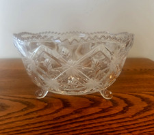 Vintage Saw Tooth Lead Crystal Facet Cut Glass 3-footed Bowl  8” Diameter picture