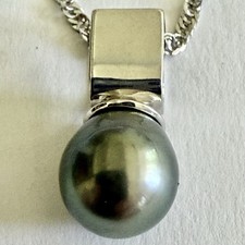 6.80g 14k White Gold Curb Chain w/Tahitian Pearl & White Gold Pendant/NA HAKU/33 picture