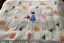 VTG Crochet Needlepoint Floral Sunbonnet Sue Blanket Cottagecore Granny-Chic 66” picture