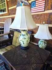 Pair Vintage Chinoiserie Porcelain Ginger Jar Table Lamps Pale Green Bird Vine 2 picture