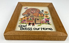 VTG 70’s Crewel Embroidery Mushroom Butterfly Framed God Bless Home Ladybug 8X6 picture