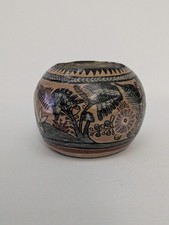 Vintage Tonala Mexico Pottery Vase 2.5” Bird Folk Art Hand Painted picture