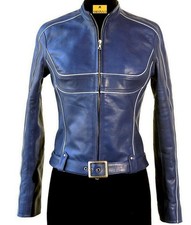 Leather Jacket Women's Biker Lambskin Motorcycle Women Slim Hood Moto Blue 14 picture