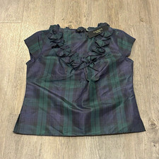 Talbots Silk Black Watch Tartan Plaid Ruffle Blouse NWT 4P Elegant Holiday  picture