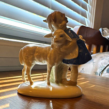Vintage Hand Painted Porcelain Girl w/ Lamb Figurine Blue/White 1950s picture