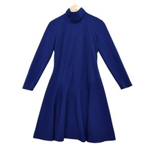 Vintage 60s Minx Mod Dress Sz S Blue Long Sleeve Mock Neck Chevron Fit Flare picture