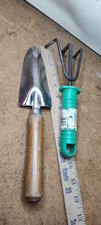Lot of 2 Vtg.  Hand Cultivator 3 Prong Garden Tool Wood Handles & Shovel picture