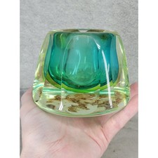 Vintage Murano Style Sommerso Art Glass Teal Green Yellow Faceted Bowl 3.25
