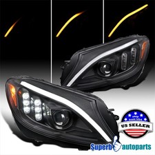 Fits 2015-2018 Benz W205 C Class Projector Sequential Signal Headlights Black picture