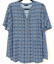 Ava & Grace Womens 2X Blue White Geometric Print Silky Loose Fit Tunic Top picture