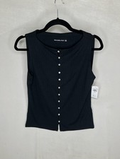 Abercrombie & Fitch Tank Top Womens Small Black Ribbed Button Front Stretch NEW picture