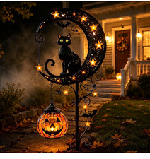 Solar Halloween Cat Moon Pumpkin Lantern Ground Stake Light LED Warm White picture