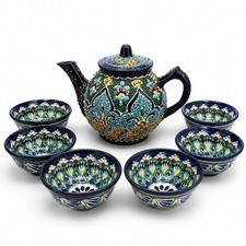 Authentic Uzbek Handmade Rishtan Ceramic Tea Set - Hand Painted Teapot + 6 Bowls picture