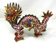 Vintage Chinese Cloisonne Dragon Red White Metal Enamel Figurine picture