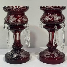 Pair Vintage Victorian Ruby Cut To Clear Glass Mantle Lustre Crystal Prisms picture