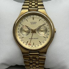 Vintage Citizen Mens Watch 34mm Gold Tone 6355-G30062 Day Month Date 6.75