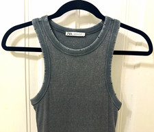 ZARA Gray Ribbed Sleeveless Round Neck Long Bodycon Dress Cotton Blend S picture