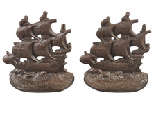 ANTIQUE PAIR NAUTICALSPANISH GALLEON SPIP METAL BOOKENDS DOORSTOPS MARKED picture