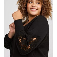 Torrid Black Cozy Fleece V-Neck Crochet Sweatshirt Lace Sleeve Plus Size 2 2X picture