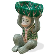US Seller - Porcelain Monkey Chinese Figurine With Lotus Soap Dish picture