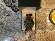 Perry Ellis Men’s Quartz Chronograph Analog Watch Black Dial Brown Leather Box picture