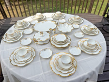 67 PC Antique Haviland France Limoges Dinner Service Gold Monogram MJ 9 Settings picture