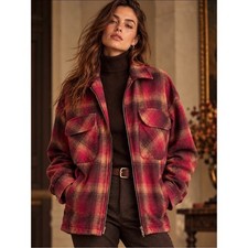 Pendleton Brightwood Shirt Women’s M Wool Plaid Zip Jacket Red Brown Relaxed S picture